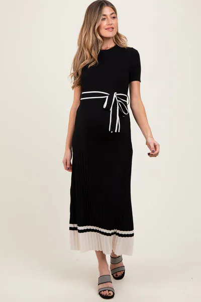PinkBlush Black Ribbed Knit Pleated Maternity Midi Dress