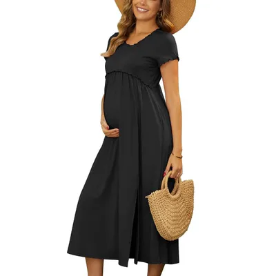 Target INSPIRE CHIC Women's Maternity Dress Midi Short Sleeves ruffled Pleating Pregnancy Dresses for Photoshoot Flowy Casual 2026 Summer Small Black
