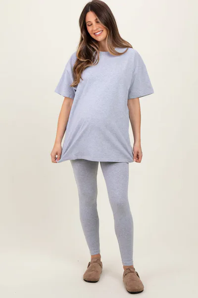 PinkBlush Heather Grey Oversized Crewneck Short Sleeve and Legging Maternity Set