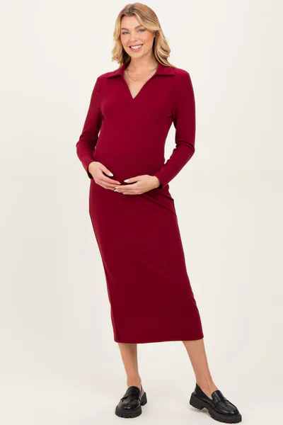 PinkBlush Red Ribbed Collared Long Sleeve Maternity Midi Dress