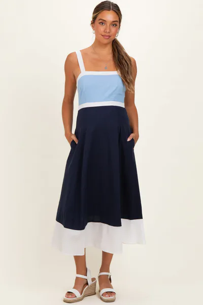 PinkBlush Light Blue Navy Colorblock Sleeveless Maternity Midi Dress