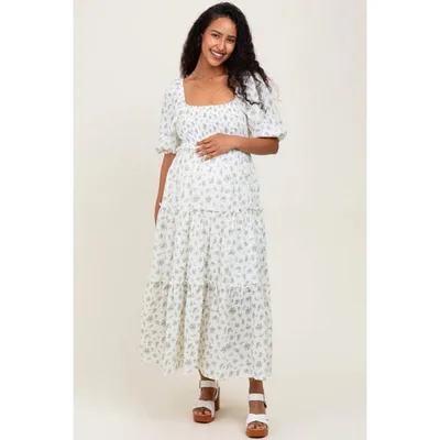 Target Pinkblush Blue Floral Smocked Ruffle Tiered Maternity Maxi Dress Small