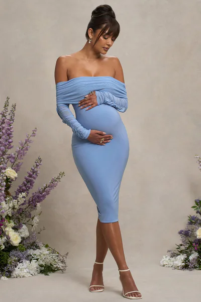 Club L London Patiently Waiting | Powder Blue Maternity Ruched Mesh Bardot Midi Dress