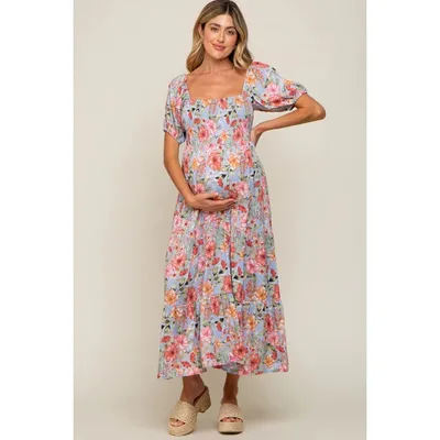 Target Pinkblush Blue Floral Smocked Square Neck Tiered Maternity Maxi Dress Large