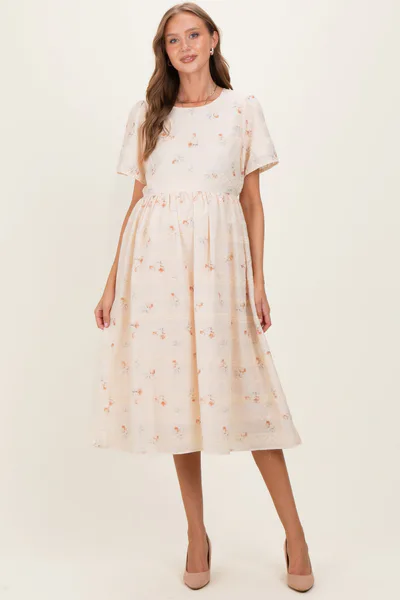 PinkBlush Beige Floral Embroidered Short Sleeve Maternity Midi Dress