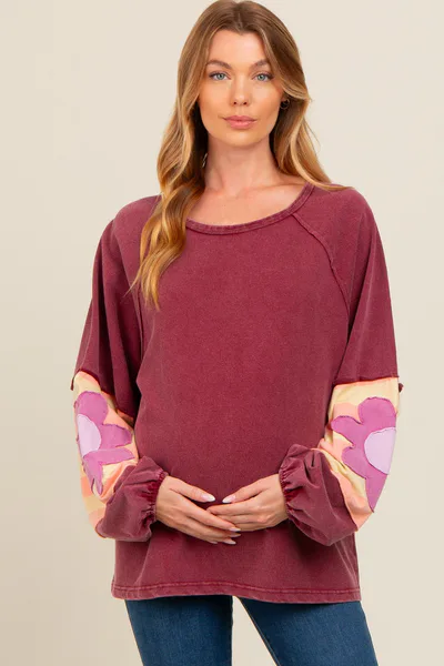 PinkBlush Burgundy Raw Edge Flower Patch Maternity Top