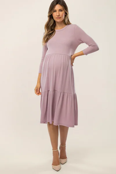 PinkBlush Lavender Tiered Ribbed 3/4 Sleeve Maternity Midi Dress