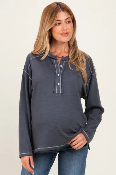 PinkBlush Faded Charcoal Ribbed Jersey Oversized Maternity Henley