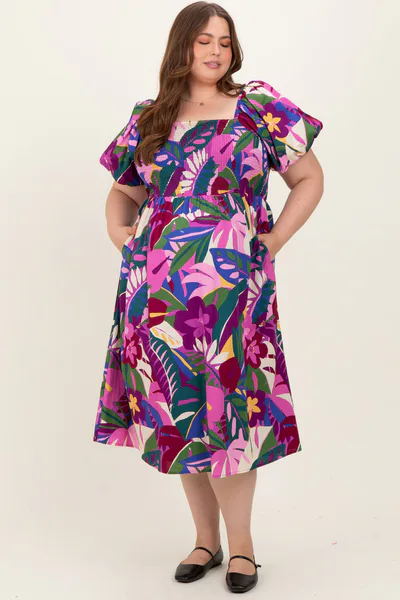 PinkBlush Purple Smocked Tropical Floral Maternity Plus Midi Dress