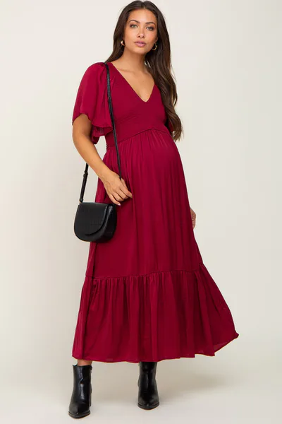 PinkBlush Burgundy Satin Smocked Maternity Midi Dress