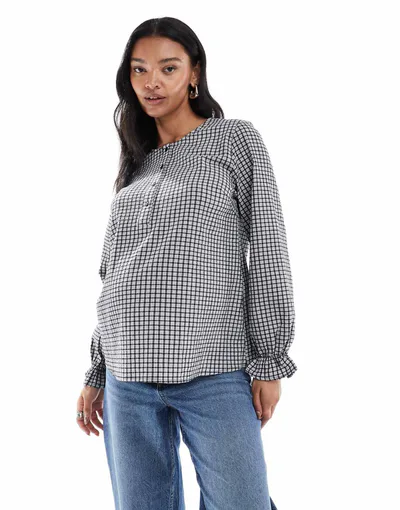 ASOS Mamalicious Maternity button front nursing friendly blouse in mini plaid print