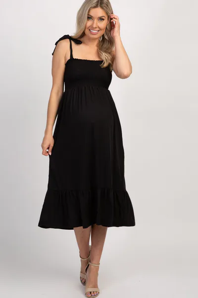 PinkBlush Black Solid Self-Tie Smocked Maternity Midi Dress