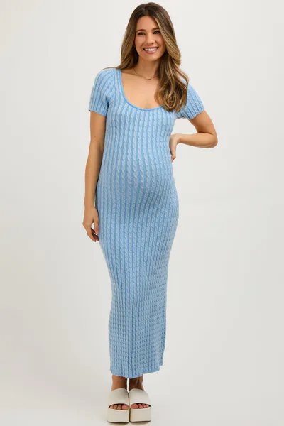 PinkBlush Light Blue Cable Knit Maternity Sweater Dress