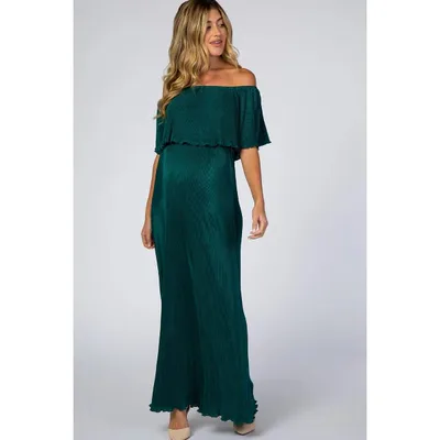 Target Pinkblush Forest Green Pleated Ruffle Off Shoulder Maternity Maxi Dress Small