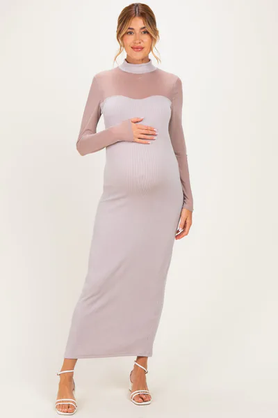 PinkBlush Beige Ribbed Knit Mock Neck Long Sleeve Maternity Maxi Dress