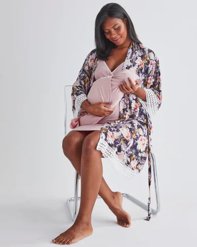 Angel Maternity 3 Pieces Hospital Pack: Nursing Nightie + Robe - Pink Floral