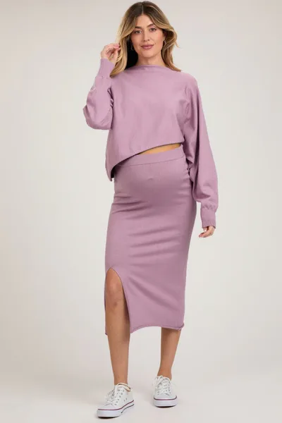 PinkBlush Mauve Knit Long Sleeve Crop Top Maternity Midi Skirt Set