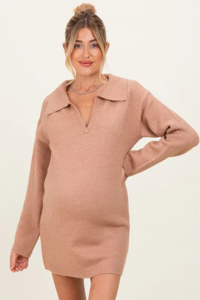 PinkBlush Camel Long Sleeve Polo Maternity Sweater Dress