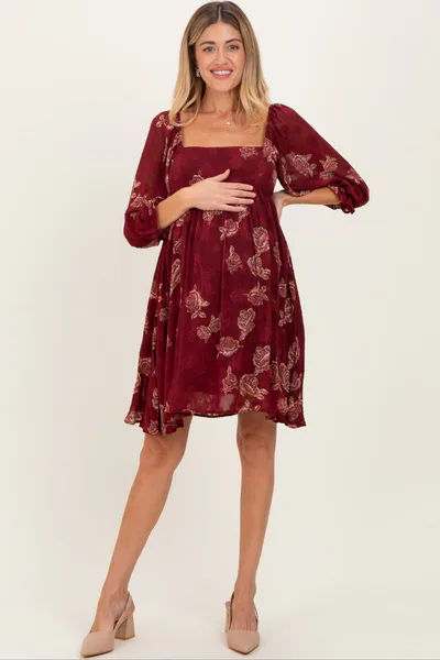 PinkBlush Burgundy Floral Jacquard 3/4 Sleeve Maternity Dress