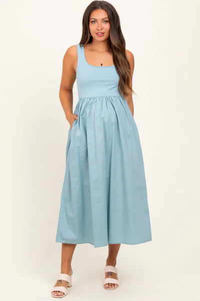 PinkBlush Light Blue Contrast Sleeveless Square Neck Maternity Midi Dress