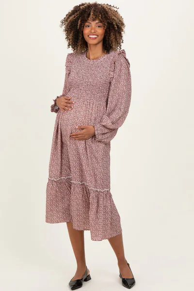 PinkBlush Rust Tiny Floral Ruffled Mock Neck Babydoll Maternity Midi Dress