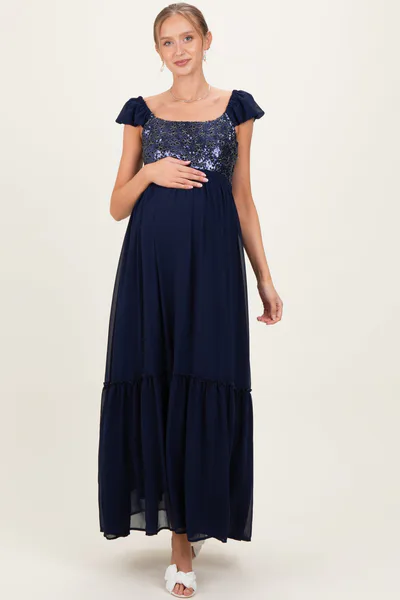 PinkBlush Navy Chiffon Sequin Bodice Maternity Maxi Dress