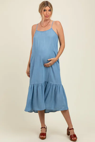 PinkBlush Light Blue Ruffle Hem Cami Maternity Midi Dress