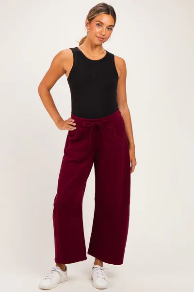 PinkBlush Dark Burgundy Fleece Barrel Leg Maternity Sweatpants