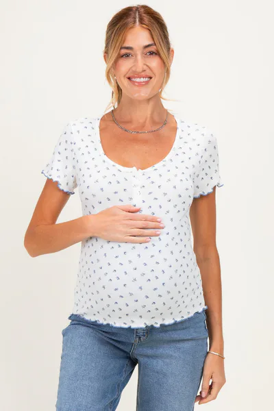 PinkBlush Ivory Blue Ditsy Floral Lettuce Edge Maternity Henley Top