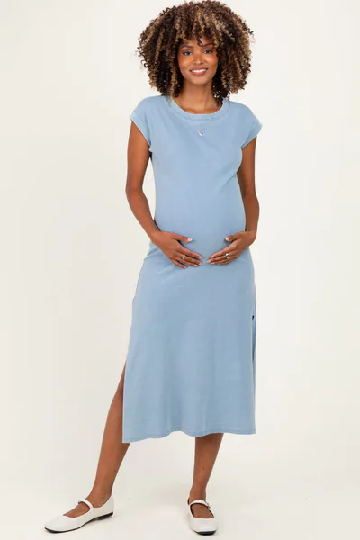 PinkBlush Light Blue Side Slit Maternity Midi T-Shirt Dress
