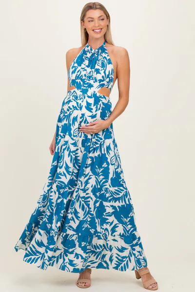 PinkBlush Blue Floral Halter Cutout Open Back Maternity Maxi Dresses