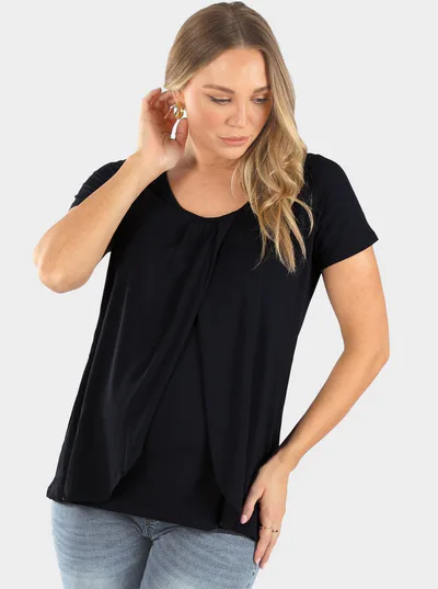 Angel Maternity Maternity & Nursing Petal Front Short Sleeve Top in Black