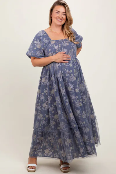 PinkBlush Navy Floral Mesh Square Neck Short Puff Sleeve Maternity Plus Midi Dress