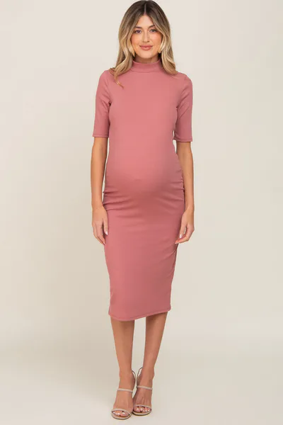 PinkBlush Mauve Ribbed Mock Neck Maternity Midi Dress