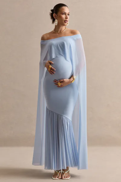 Club L London Bluma | Light Blue Bardot-Neck Maternity Maxi Dress With Sheer Skirt And Cape Detail