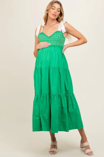 PinkBlush Green Ribbon Strap Tiered Maternity Maxi Dress