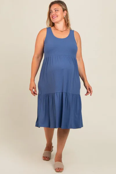PinkBlush Blue Tiered Sleeveless Maternity Plus Midi Dress