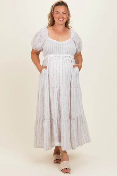 PinkBlush Light Yellow Floral Stripe Tiered Maternity Plus Maxi Dress
