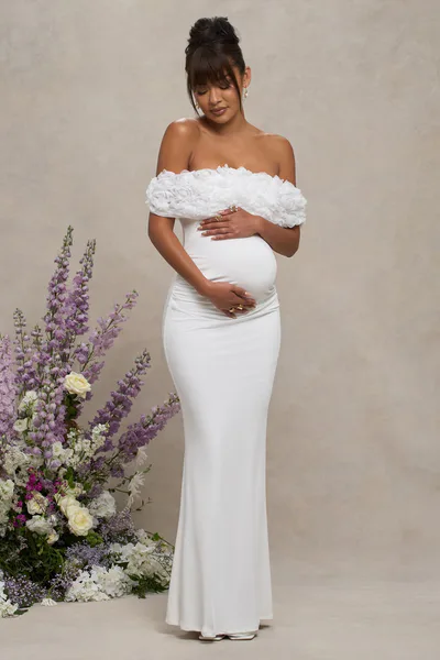 Club L London Inflorescence | White Mesh Floral Bardot Maternity Maxi Dress