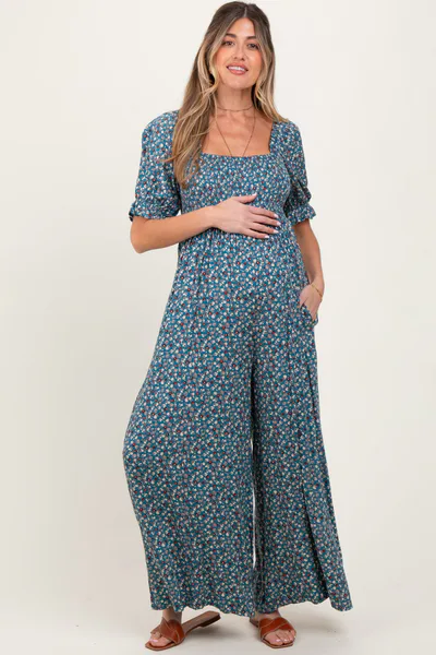 PinkBlush Teal Floral Smocked Puff Sleeve Maternity Jumpsuit