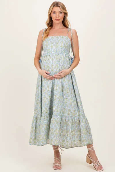 PinkBlush Blue Multi Garden Floral Open-Back With Bow Cotton Maternity Midi Dress