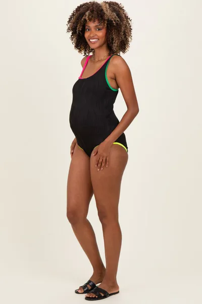 PinkBlush Black Multicolor Trim One Shoulder One Piece Maternity Swimsuit