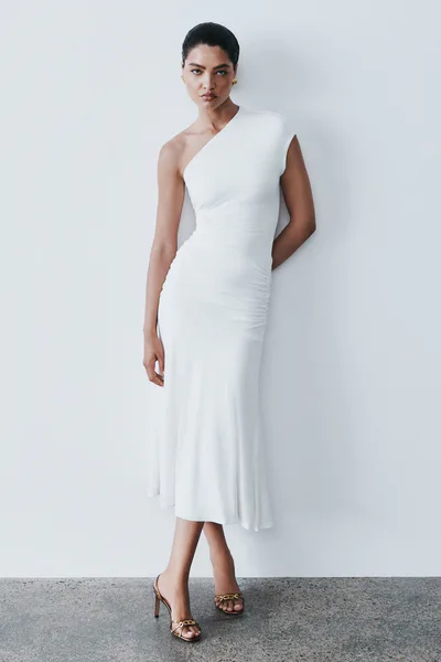 MESHKI Chloe Peached Jersey One Shoulder Midi Dress