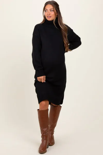 PinkBlush Black Turtleneck Side Slit Maternity Midi Sweater Dress