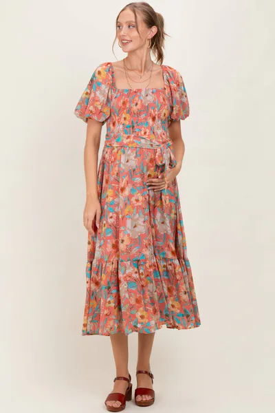 PinkBlush Pink Floral Smocked Puffed Sleeve Maternity Midi Dress