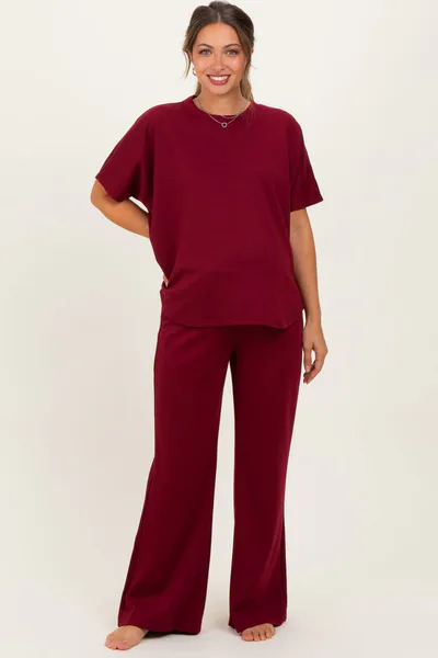 PinkBlush Burgundy Curved Hem Tee Pants Maternity Lounge Set