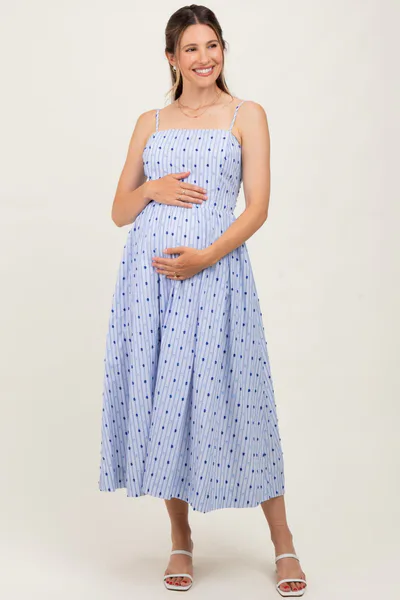 PinkBlush Blue Striped Swiss Dot Sleeveless Maternity Midi Dress