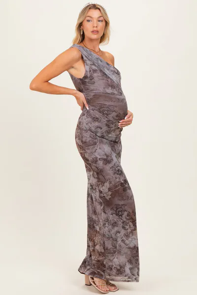 PinkBlush Taupe Asymmetrical Off-Shoulder Maternity Maxi Dress