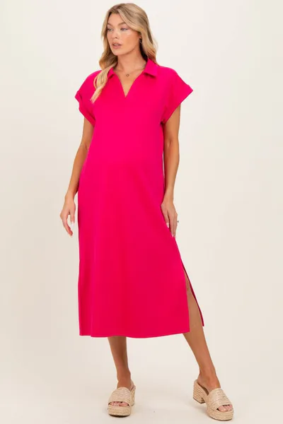 PinkBlush Fuchsia Collared Oversized Maternity Midi Dress