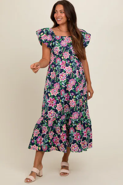 PinkBlush Navy Blue Floral Square Neck Puffy Sleeves Maternity Dress